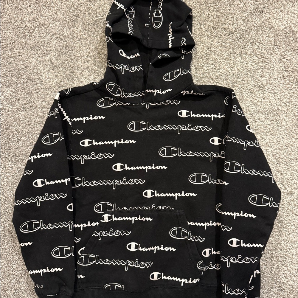 Champion Sweatshirt Youth M Black Hoodie Spell Out‎ All Over Logo Pocket Fleece